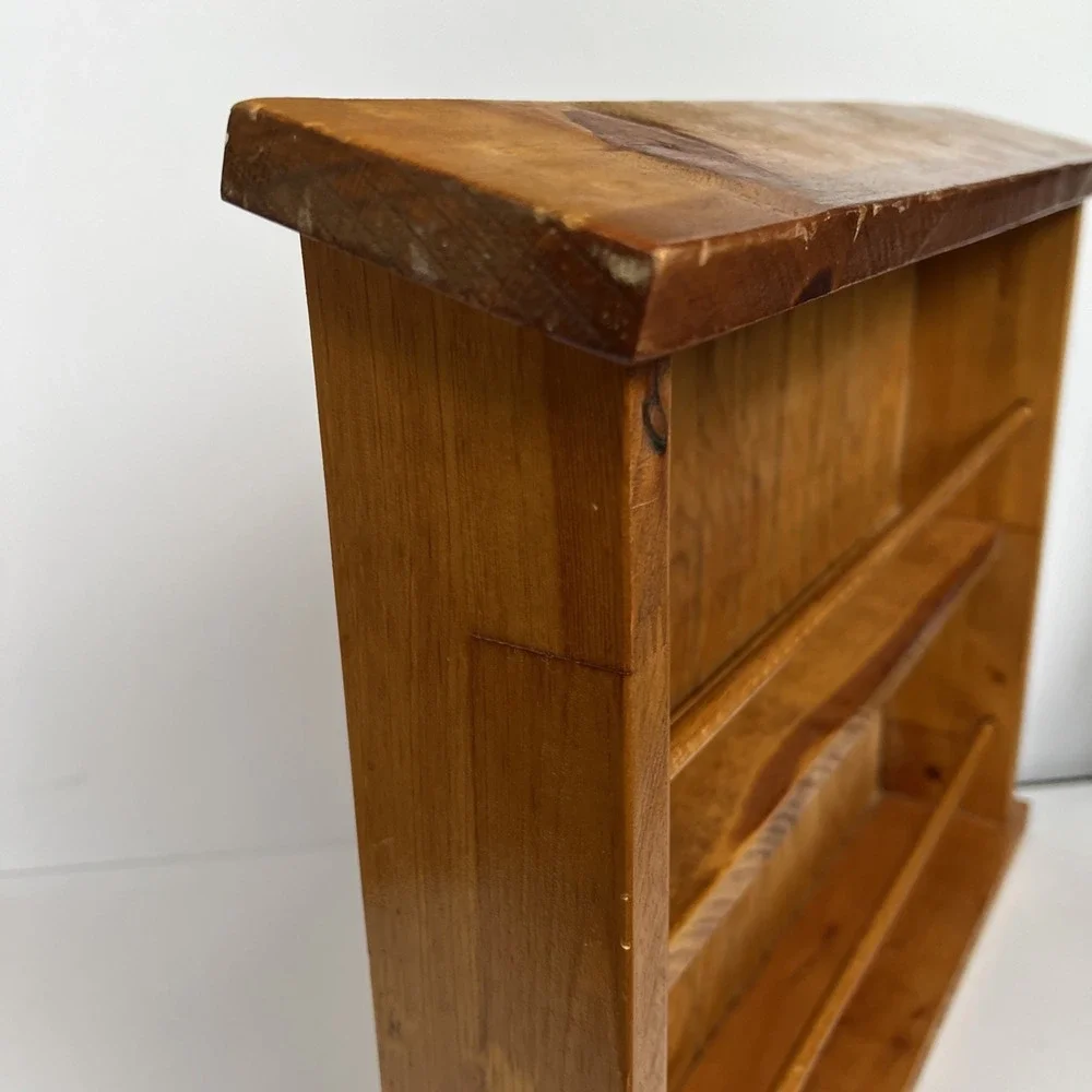 VTG Wood Wall Shelf Spice Rack Rustic Farmhouse Hanging Display 20x16 w/ Rails